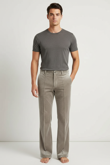 Pantalon Velours Gris Évasé Taille Haute Élégant Homme