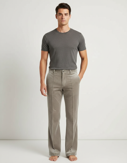Pantalon Velours Gris Évasé Taille Haute Élégant Homme