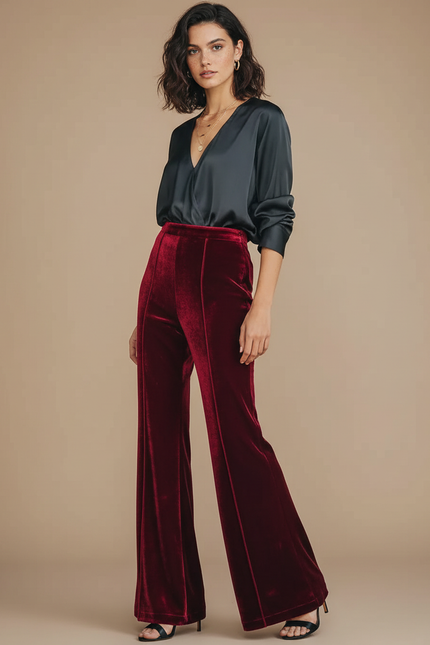 Pantalon Velour Taille Haute Femme - Bordeaux Velours
