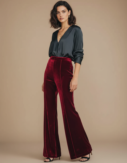 Pantalon Velour Taille Haute Femme - Bordeaux Velours