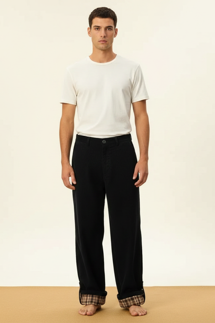 Pantalon Velours Noir Ample Doublé Plaid Homme - Cordé