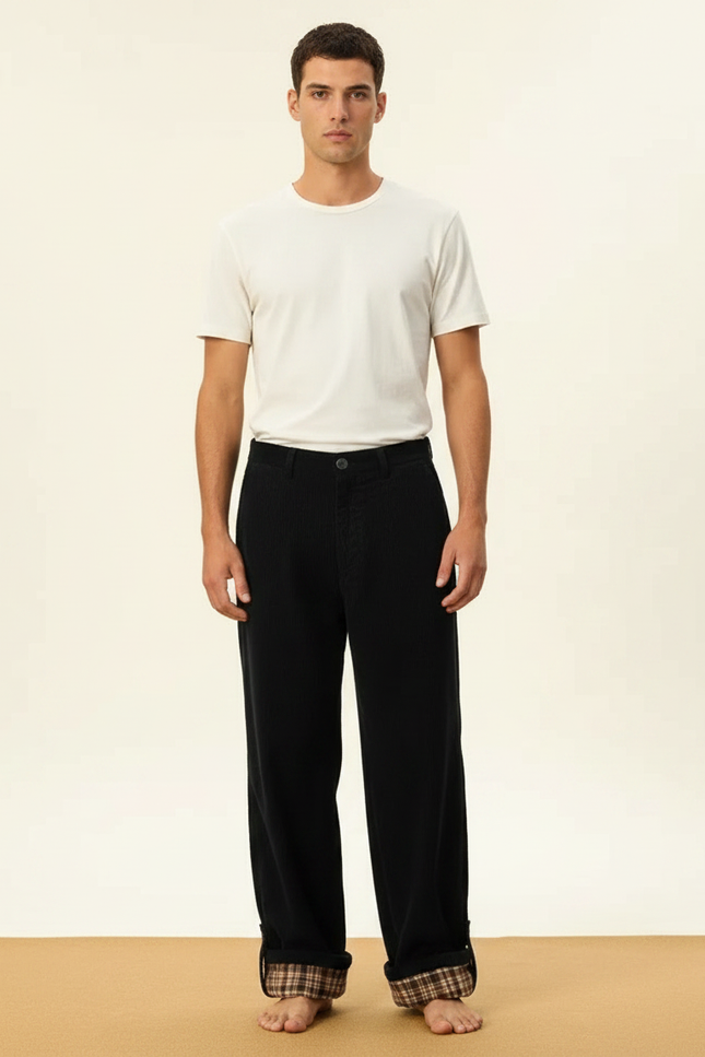 Pantalon Velours Noir Ample Doublé Plaid Homme - Cordé