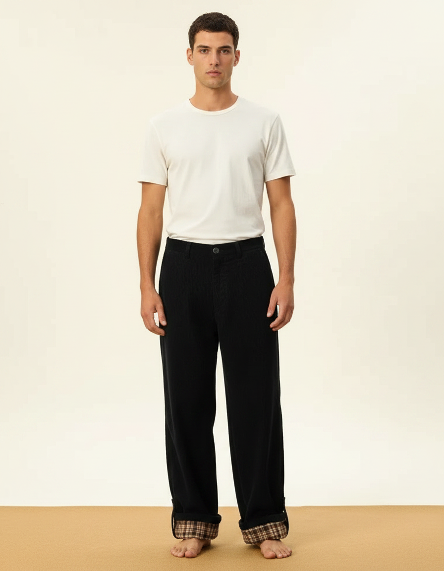 Pantalon Velours Noir Ample Doublé Plaid Homme - Cordé