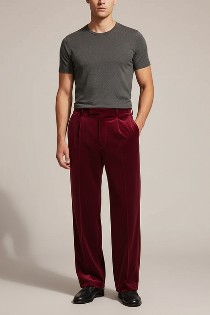 Pantalon Velours Rouge Bordeau Homme Plissé Élégant - Bordeaux
