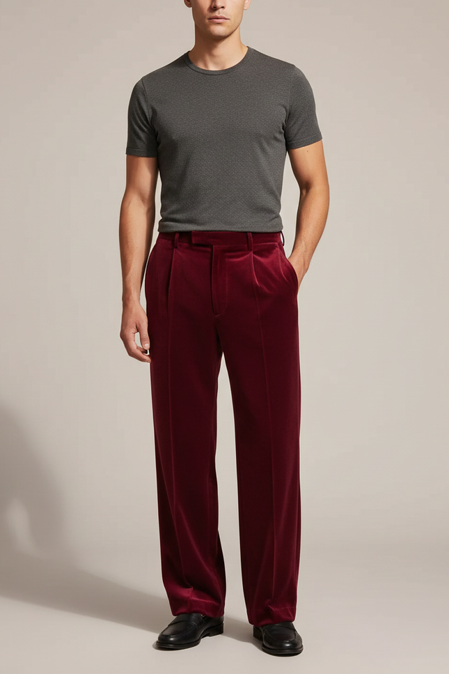 Pantalon Velours Rouge Bordeau Homme Plissé Élégant - Bordeaux