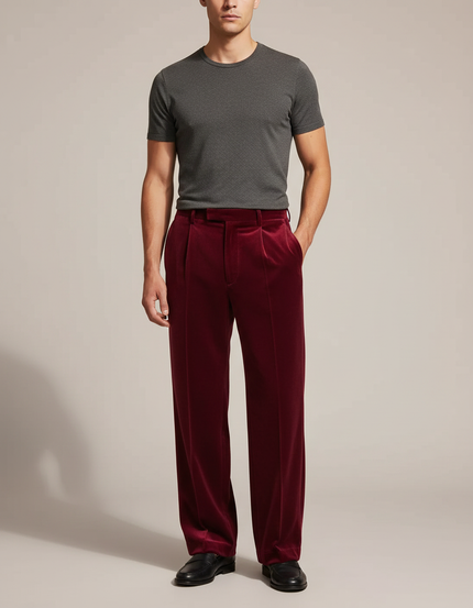 Pantalon Velours Rouge Bordeau Homme Plissé Élégant - Bordeaux