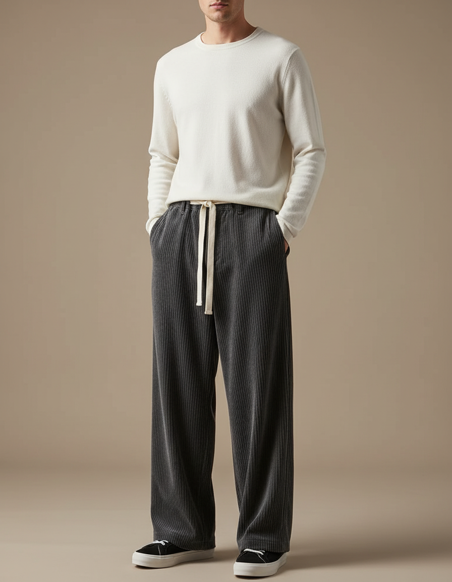 Pantalon Velours Cotelé Large Homme - Gris Cordé