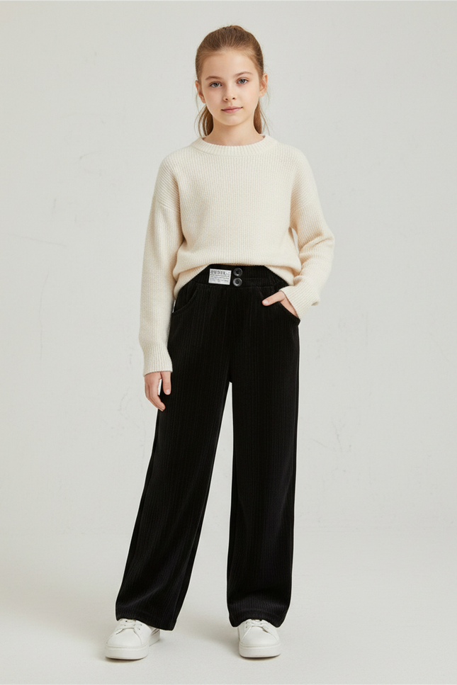 Pantalon Velours Fille Noir Large - Cordé