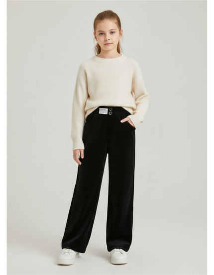 Pantalon Velours Fille Noir Large - Cordé