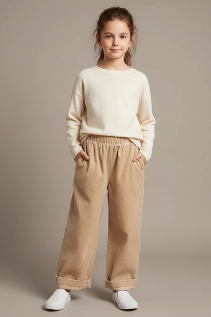 Pantalon Velours Beige Côtelé Ample Élastique Enfant - Cordé