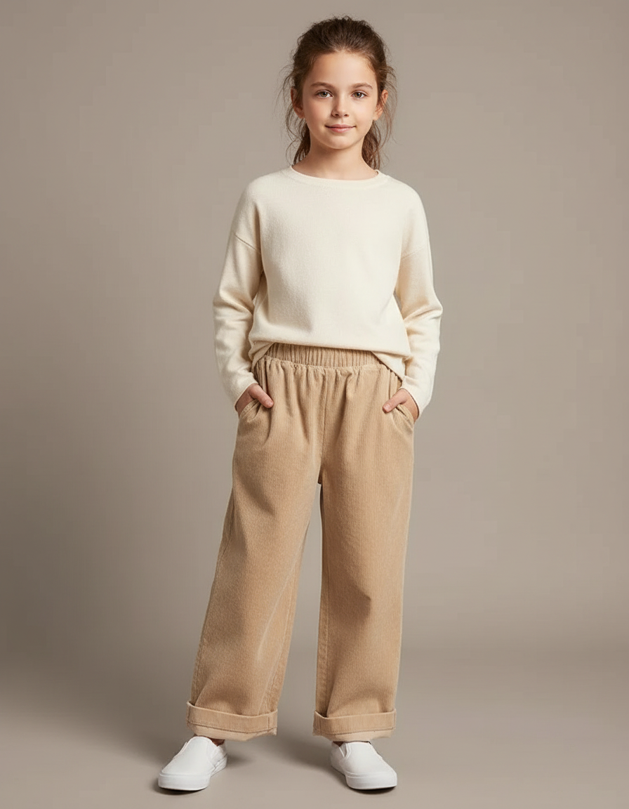 Pantalon Velours Beige Côtelé Ample Élastique Enfant - Cordé