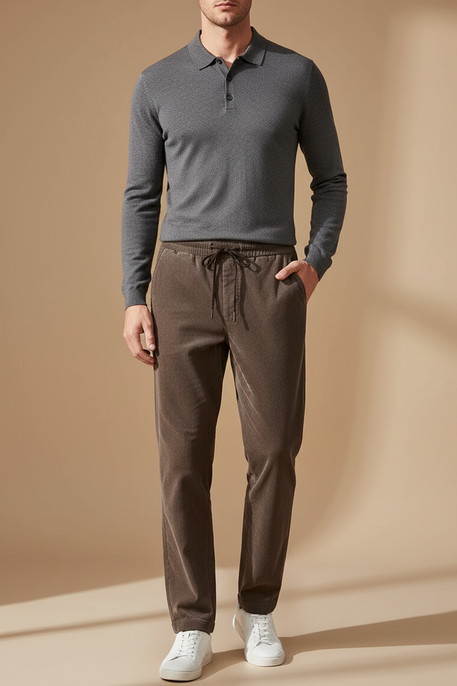 Pantalon Velours Côtelé Marron Homme Décontracté Élastique - Cordé