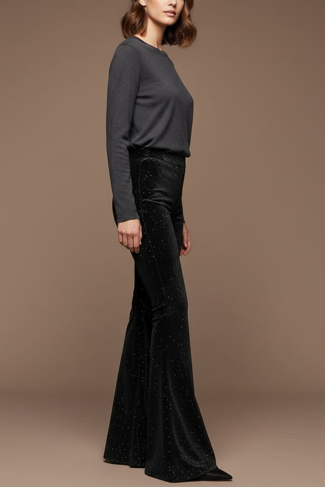 Pantalon Velours Noir Évasé Pailleté Élégant Femme