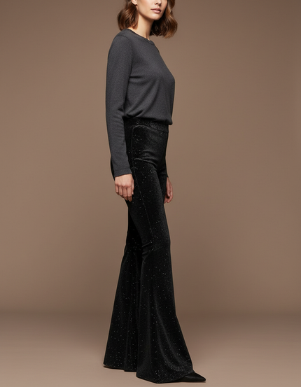 Pantalon Velours Noir Évasé Pailleté Élégant Femme