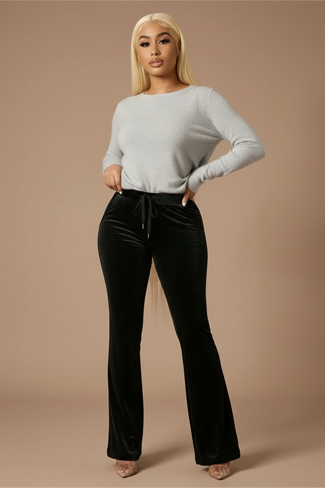 Pantalon Velours Noir Évasé Fluide Cordon Femme