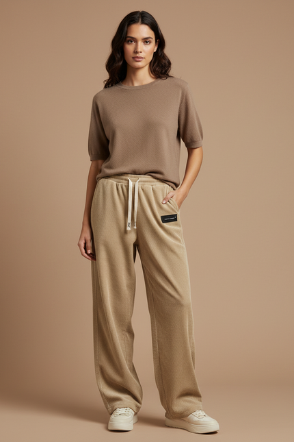 Pantalon Femme Velours Cotelé Écru - Beige Cordé
