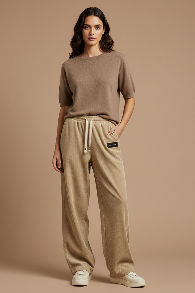 Pantalon Femme Velours Cotelé Écru - Beige Cordé