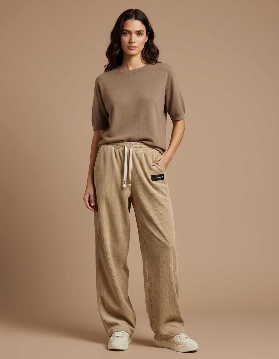 Pantalon Femme Velours Cotelé Écru - Beige Cordé