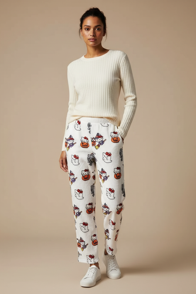 Pantalon Velours Blanc Motif Halloween Hello Kitty Confortable
