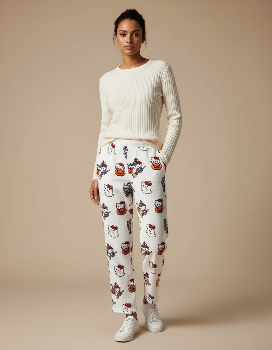 Pantalon Velours Blanc Motif Halloween Hello Kitty Confortable