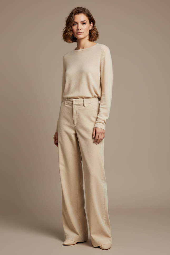 Pantalon Velours Côtelé Femme Beige Ample Élégant - Cordé