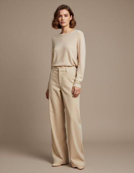 Pantalon Velours Côtelé Femme Beige Ample Élégant - Cordé
