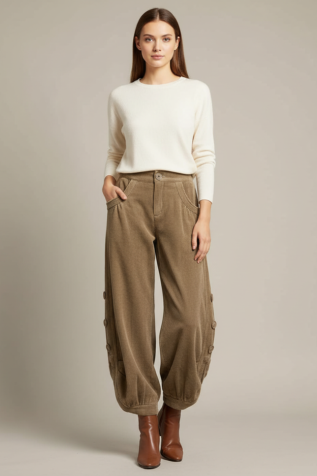 Pantalon Velours Marron Côtelé Ample Boutons - Kaki Cordé