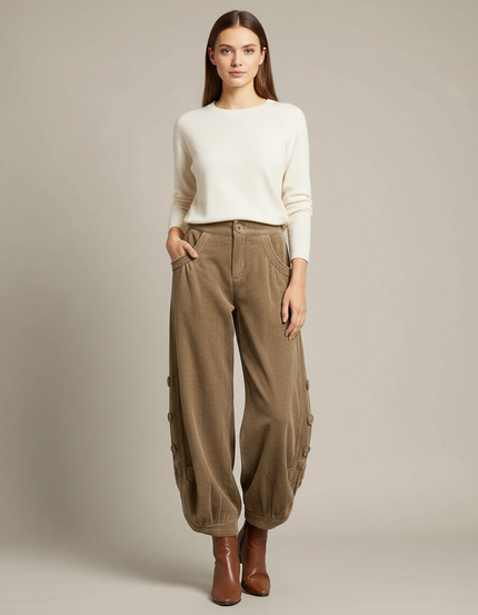 Pantalon Velours Marron Côtelé Ample Boutons - Kaki Cordé