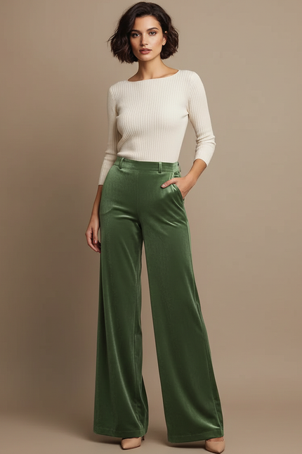 Pantalon Velours Vert Émeraude Large Élégant Fluide