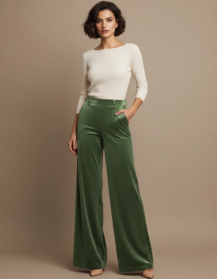 Pantalon Velours Vert Émeraude Large Élégant Fluide