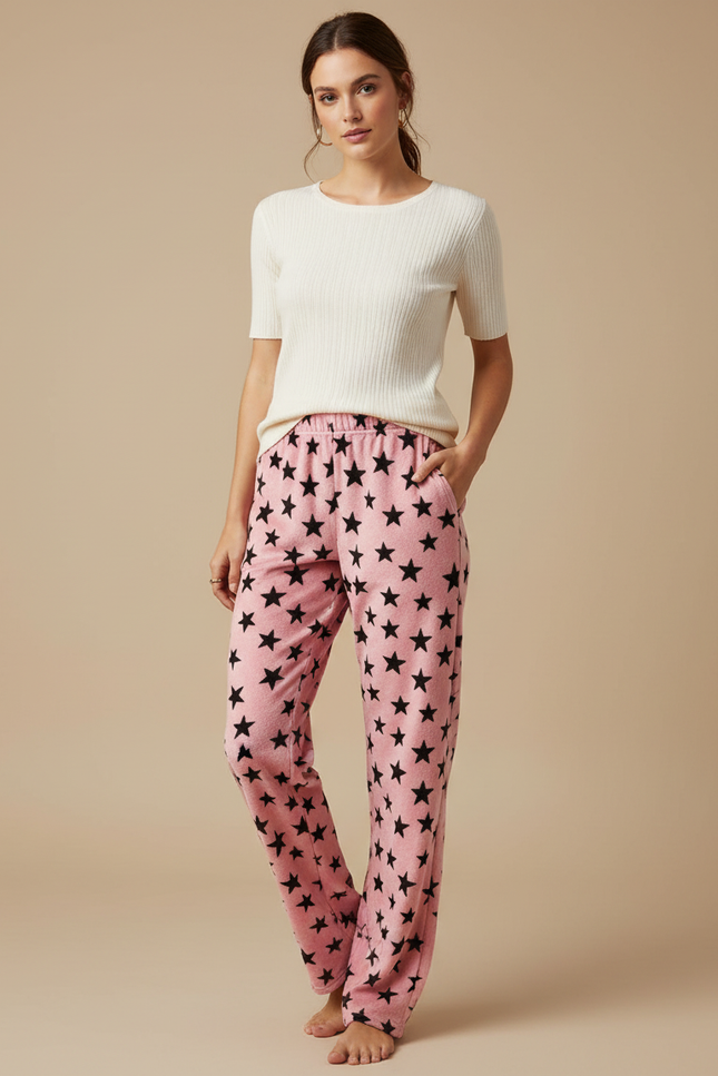 Pantalon Velours Rose Étoiles Ample Doux Femme