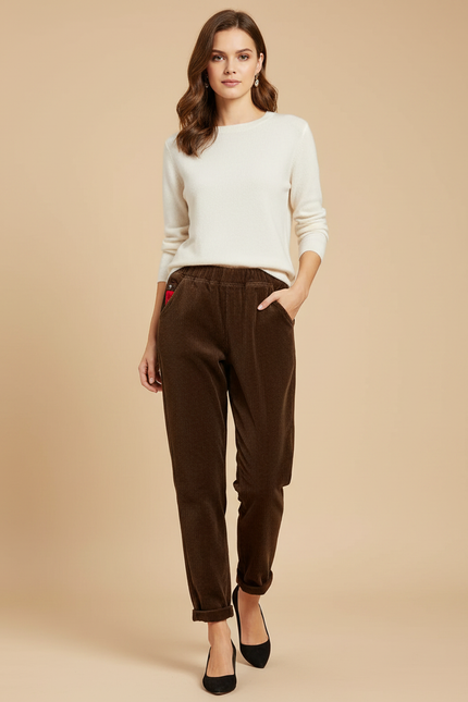 Pantalon Velours Marron Côtelé Élastiqué Ample Décontracté Femme - Cordé