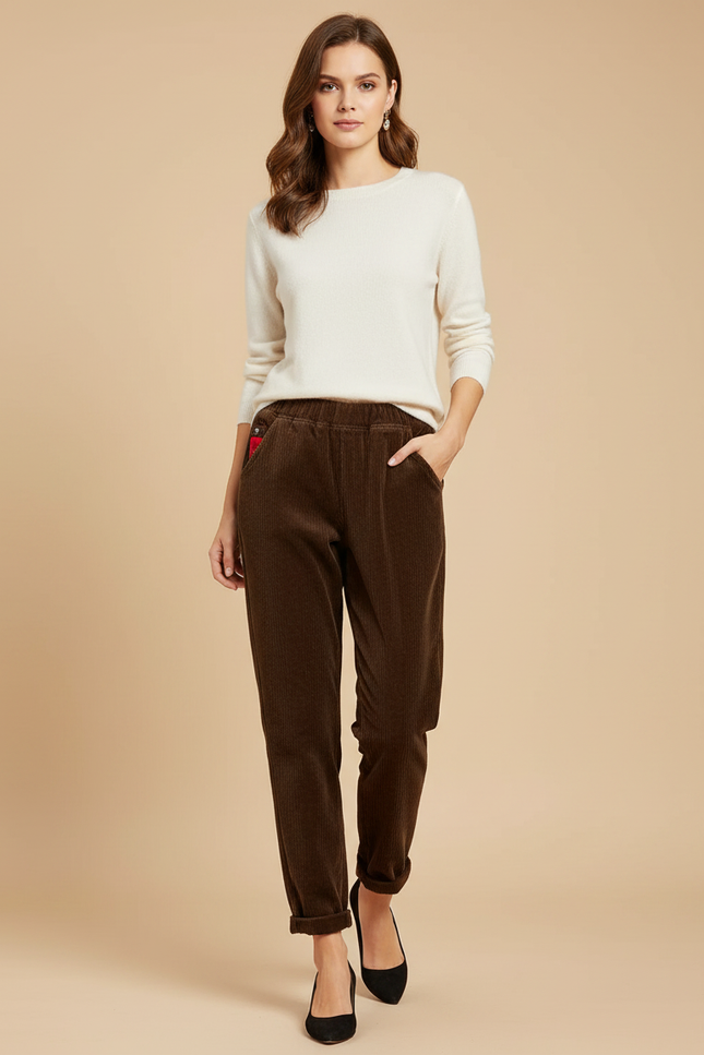 Pantalon Velours Marron Côtelé Élastiqué Ample Décontracté Femme - Cordé