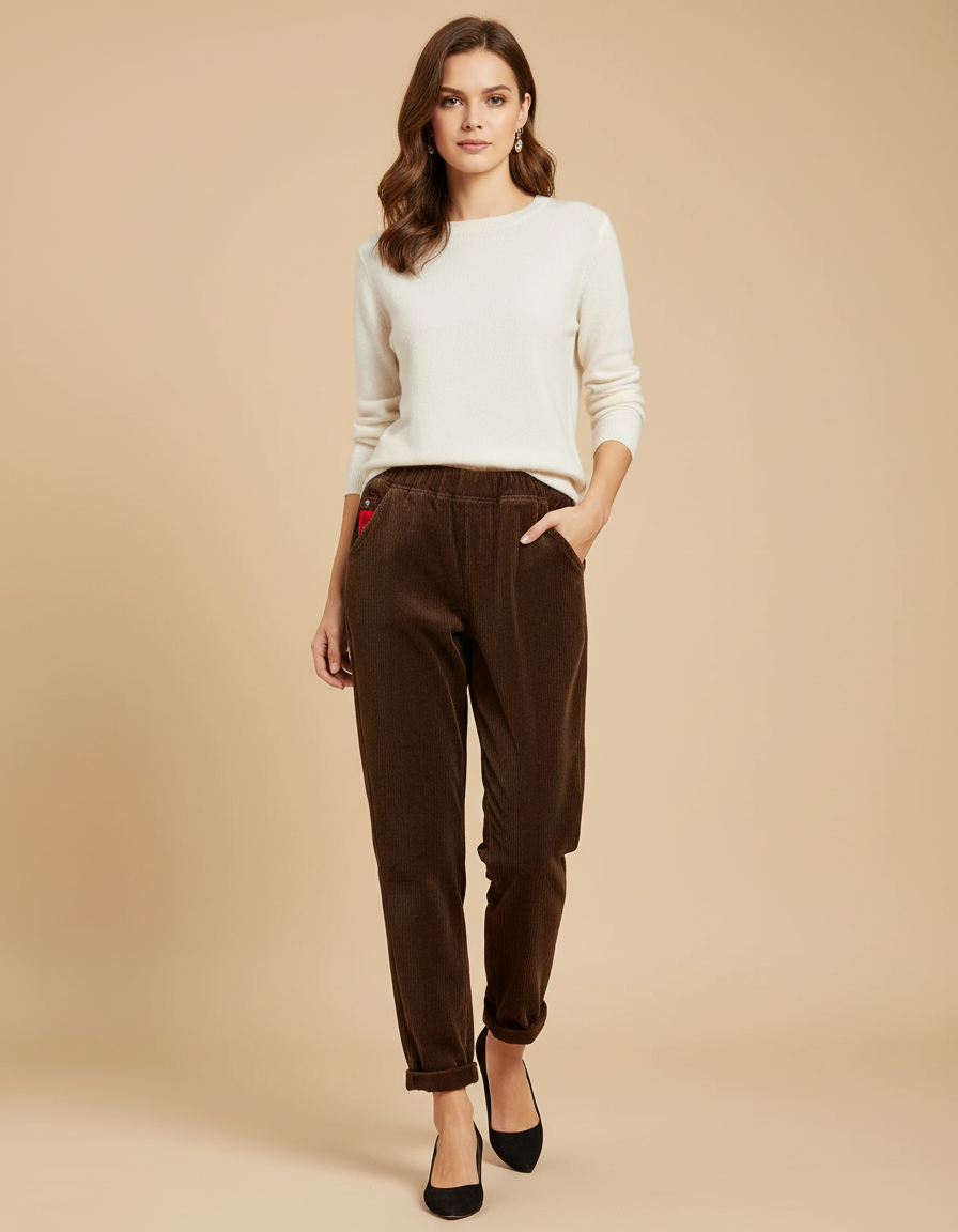 Pantalon Velours Marron Côtelé Élastiqué Ample Décontracté Femme - Cordé