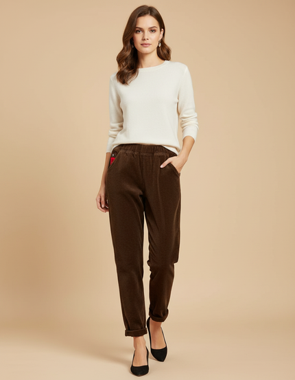 Pantalon Velours Marron Côtelé Élastiqué Ample Décontracté Femme - Cordé