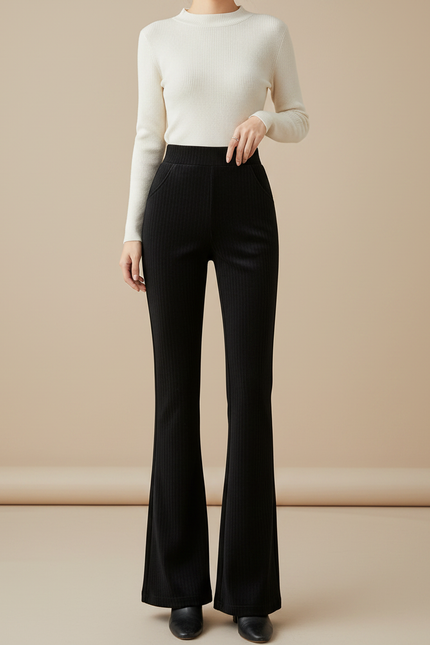 Pantalon Velours Noir Côtelé Évasé Chic Femme