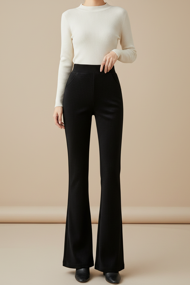 Pantalon Velours Noir Côtelé Évasé Chic Femme