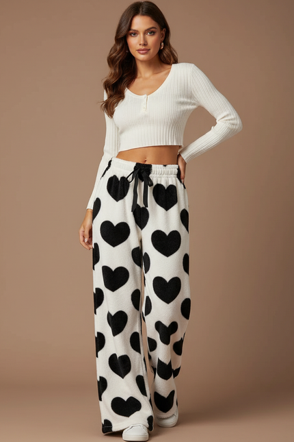 Pantalon Velours Cœurs Ample Doux Femme - Blanc