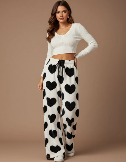 Pantalon Velours Cœurs Ample Doux Femme - Blanc