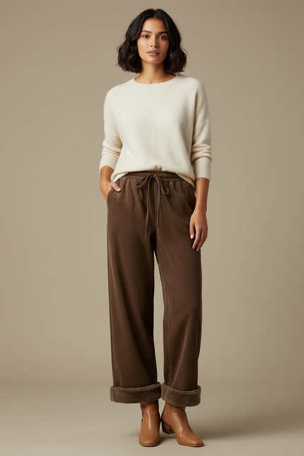 Pantalon Velours Marron Large Doublé Décontracté Femme