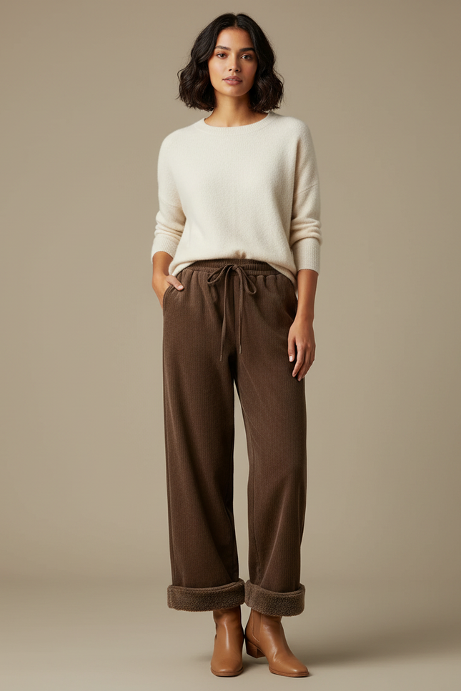 Pantalon Velours Marron Large Doublé Décontracté Femme