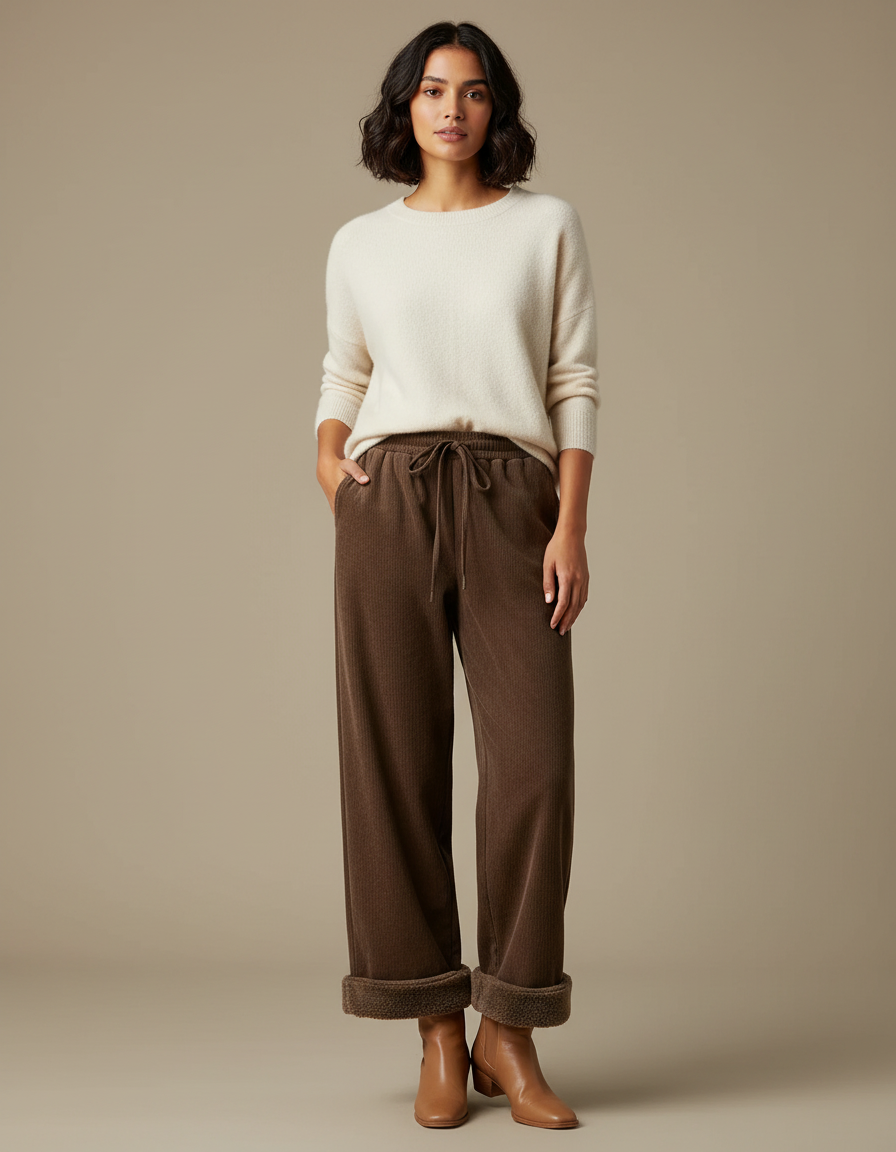 Pantalon Velours Marron Large Doublé Décontracté Femme