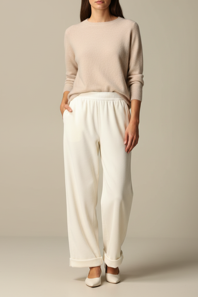 Pantalon Velours Crème Côtelé Ample Décontracté Femme - Blanc Cordé