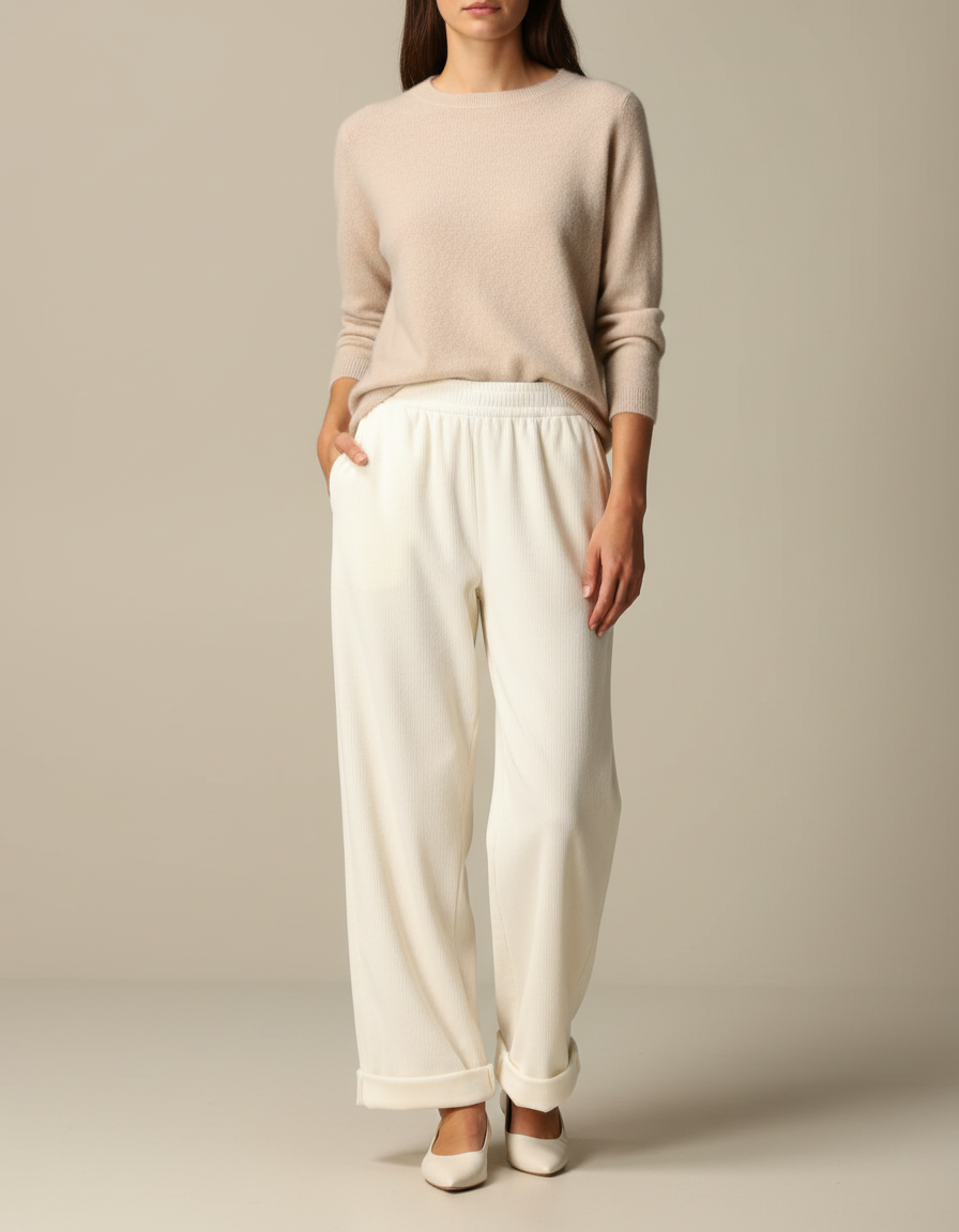 Pantalon Velours Crème Côtelé Ample Décontracté Femme - Blanc Cordé