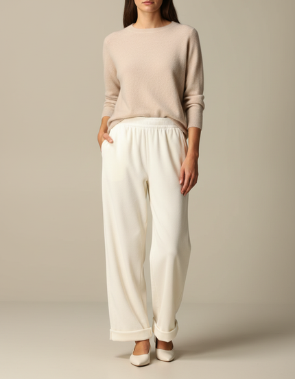 Pantalon Velours Crème Côtelé Ample Décontracté Femme - Blanc Cordé