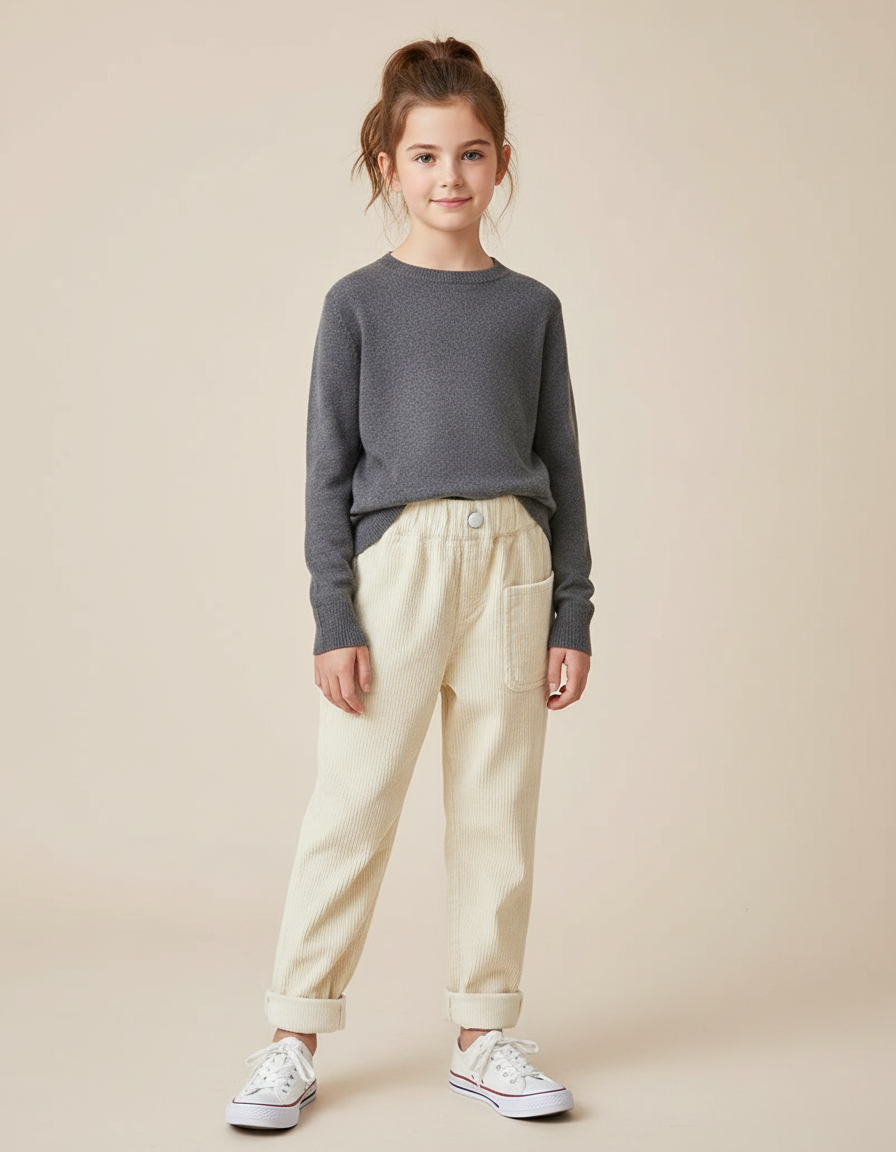 Pantalon Velours Écru Côtelé Ample Décontracté Enfant - Beige