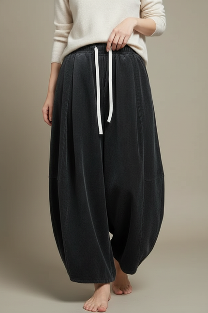 Pantalon Velours Côtelé Ample Noir Femme Confortable - Cordé