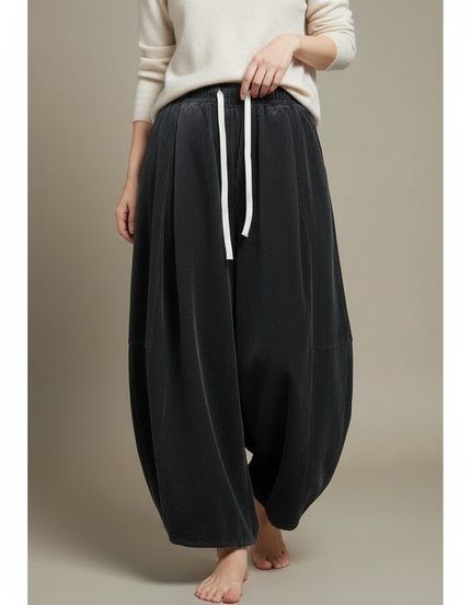 Pantalon Velours Côtelé Ample Noir Femme Confortable - Cordé