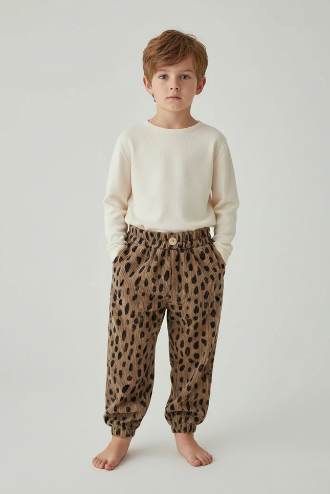 Pantalon Velours Léopard Côtelé Ample Enfant Marron - Cordé