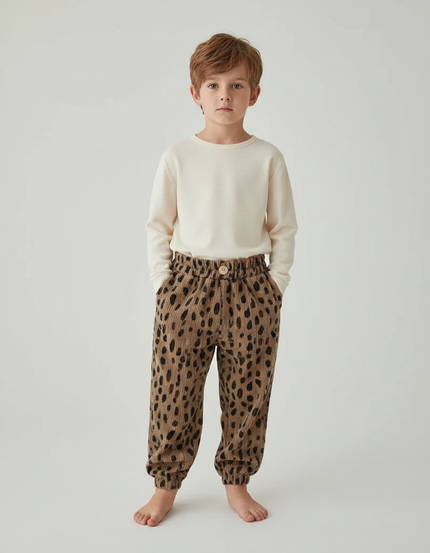 Pantalon Velours Léopard Côtelé Ample Enfant Marron - Cordé